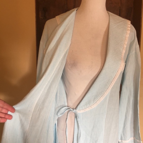 VTG02 EILEEN WEST size Small Cotton Robe LaceTrim Eyelet Stripe Shawl Collar NEW - Picture 10 of 16